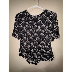Womens Large Laurence Kazar‎ New York Beaded Top Black White Has Flaws